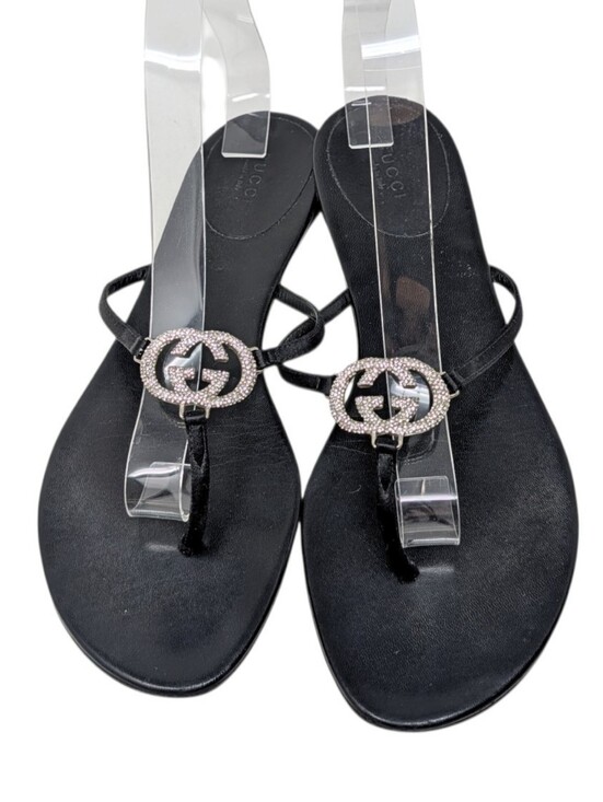 Gucci Shoes - Gucci Black Leather Crystal Interlocking GG Logo Thong Sandals Size 9B